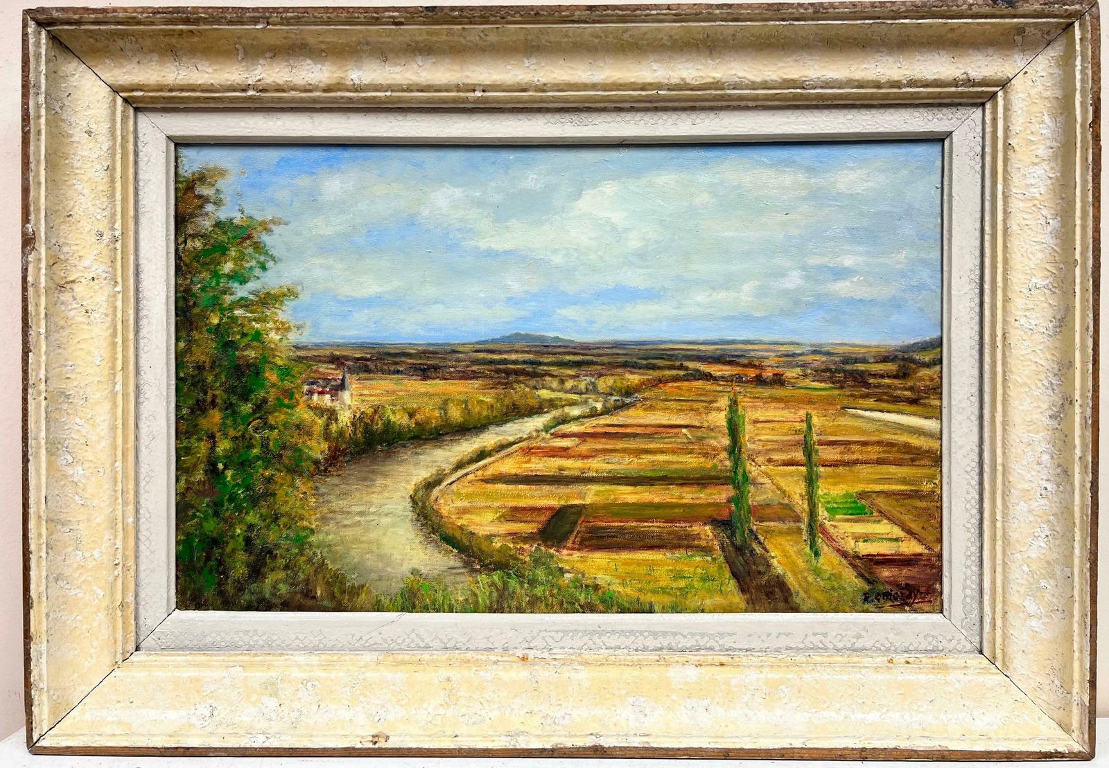 Mid Century French1950's French Impressionist Signed Oil Northern France Open Landscape Framed