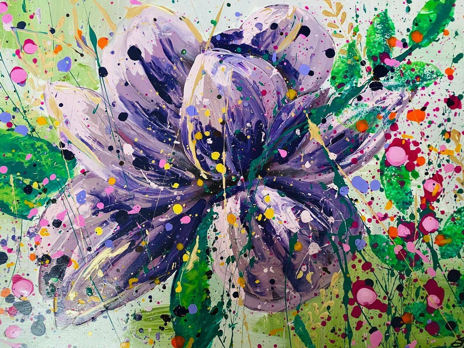 Yvonne..Hand Painted Original Acrylic Floral Art On A Up Cycled Canvas 150cm 50cm photo for sale