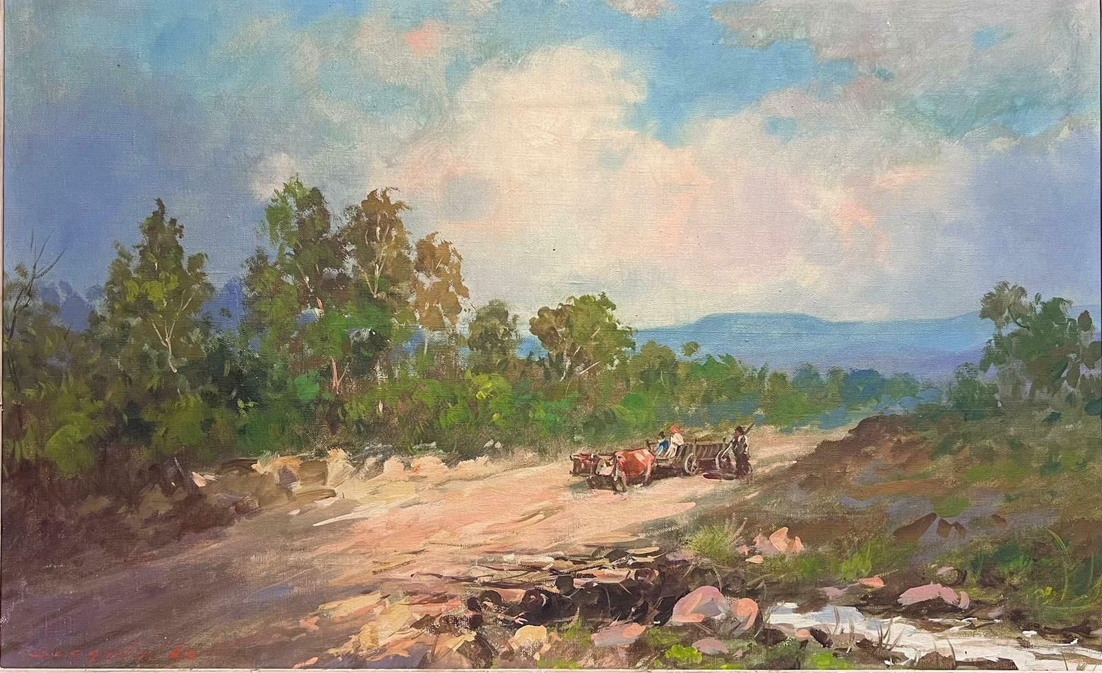 French Mid Century 1960's French Oil Oxen & Cart In Sun Scorched South Of France Landscape1960's photo furniture
