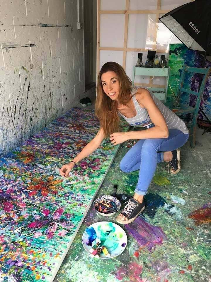 photo vinterior Yvonne..Hand Painted Original Acrylic Floral Art On A Up Cycled Canvas 150cm 50cm