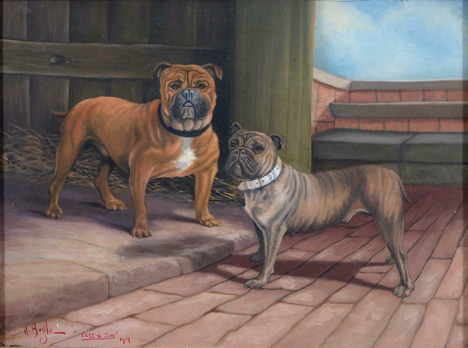A. Baylefine English Dog Painting Portrait Of Staffordshire Bull Terriers 'Tess & Jim' photo furniture