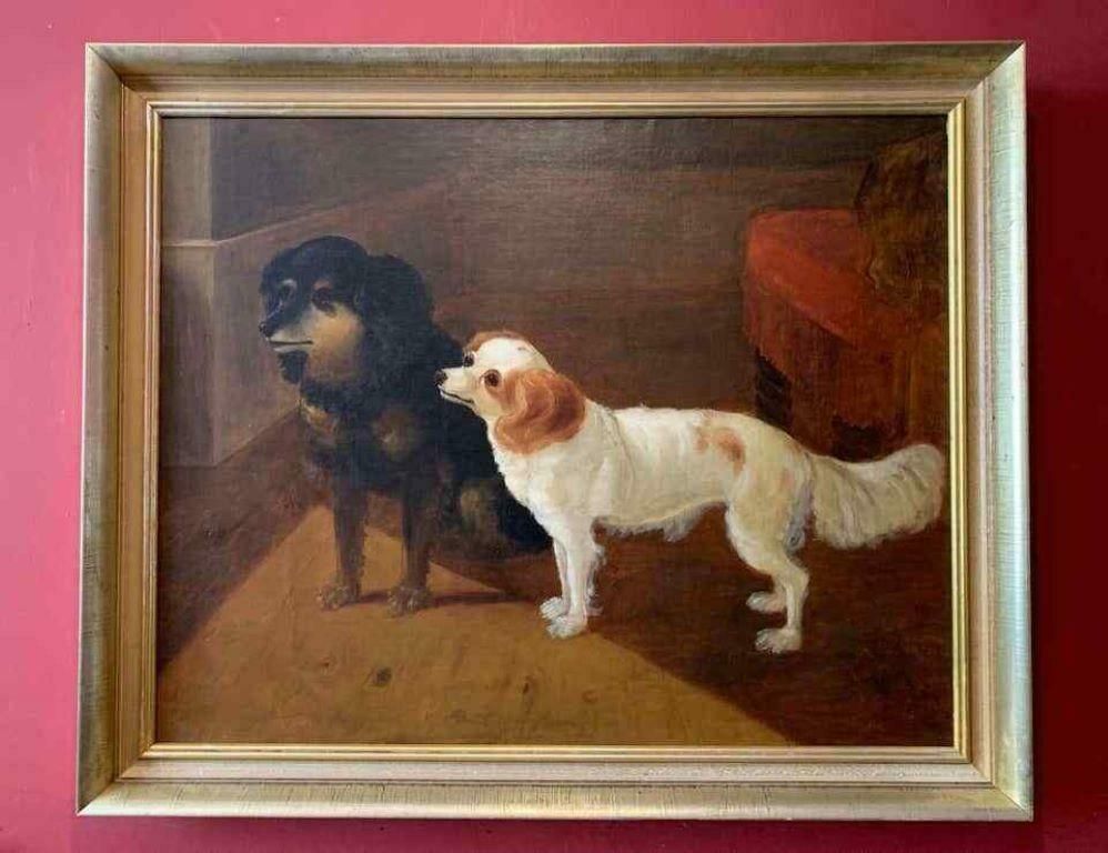 19th C. Englishwaiting For The Master Large Victorian Dog Painting Two Dogs In Interior C. 1870c. 1893 photo furniture