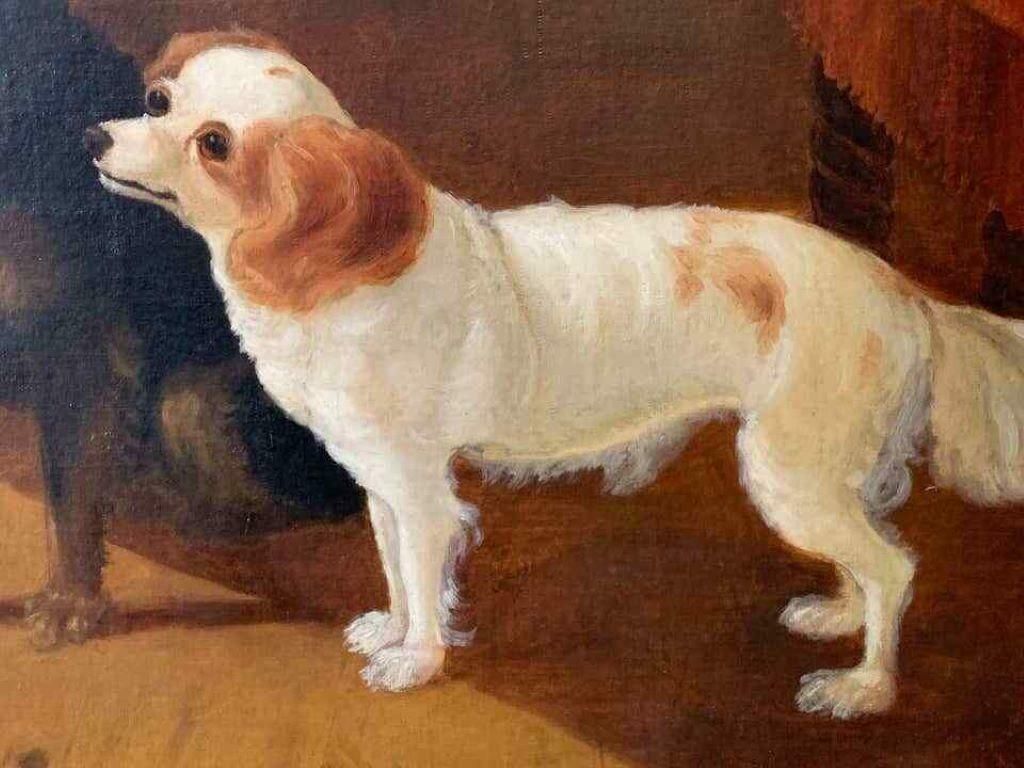 19th C. Englishwaiting For The Master Large Victorian Dog Painting Two Dogs In Interior C. 1870c. 1893 photo for sale