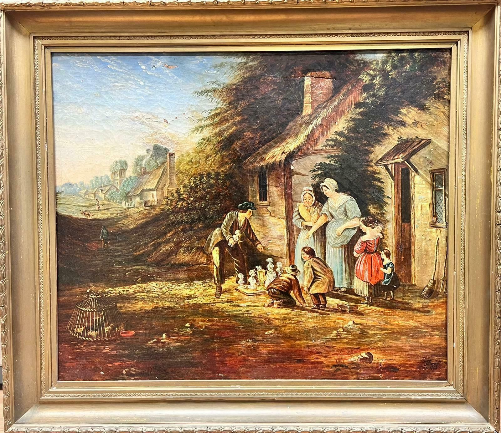 Antique Englishhuge Victorian English Oil Painting For Restoration Family Playing Games Outside photo furniture