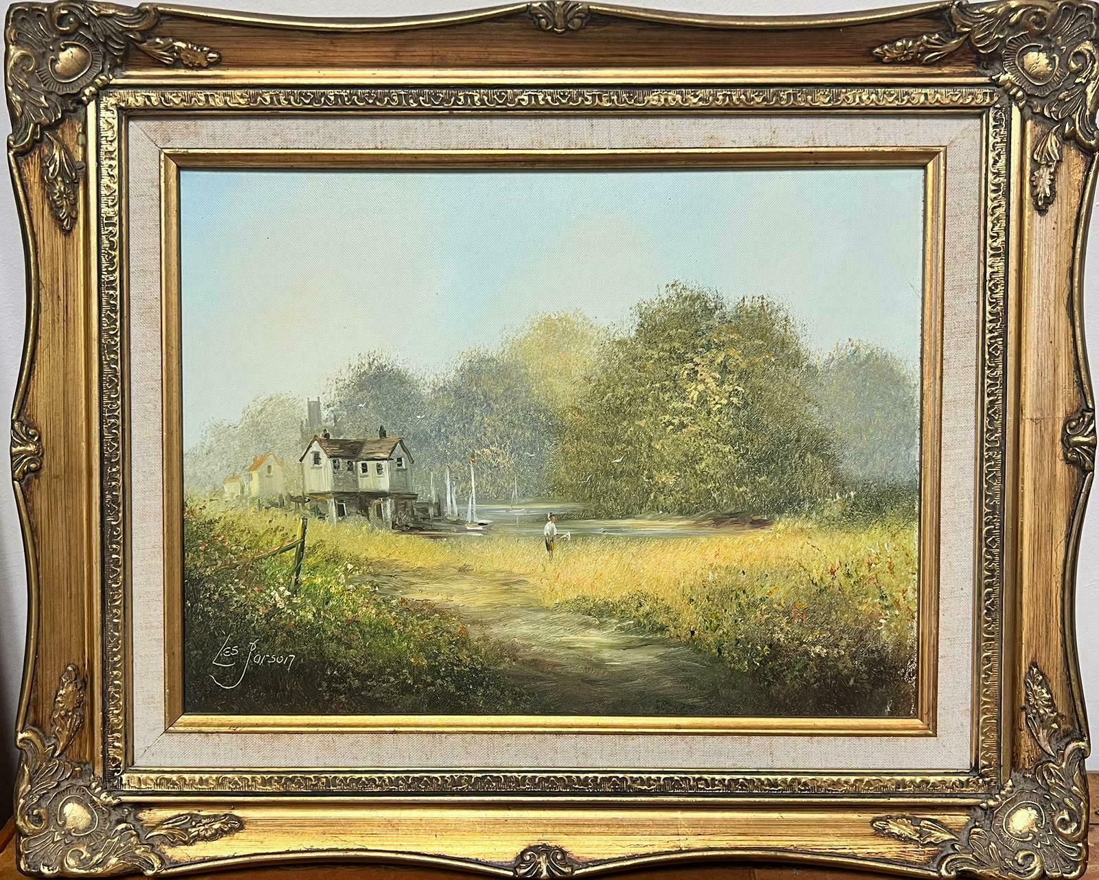 Les Parsonstranquil Rural River Landscape Figure Walking Through Meadows Signed English Oil
