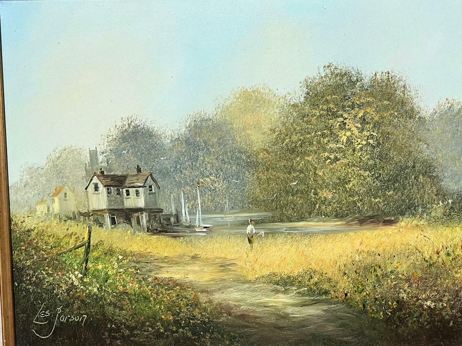Les Parsonstranquil Rural River Landscape Figure Walking Through Meadows Signed English Oil photo Art