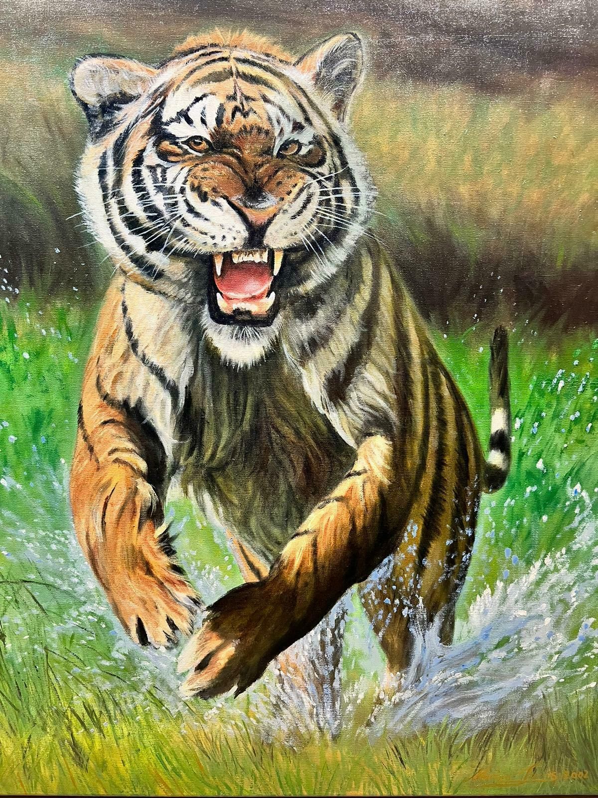 Martin Jarviscontemporary British Oil Painting Roaring Tiger In Landscape Leaping At Viewer photo furniture