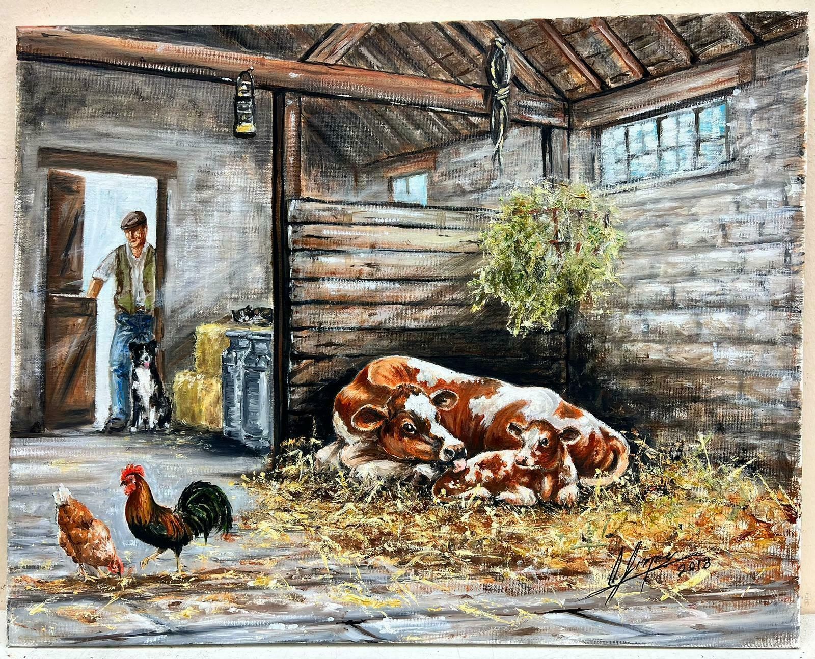 Colin Impeytraditional Rural English Signed Oil Cow With Baby Calf Chickens & Farmer & Dog photo furniture