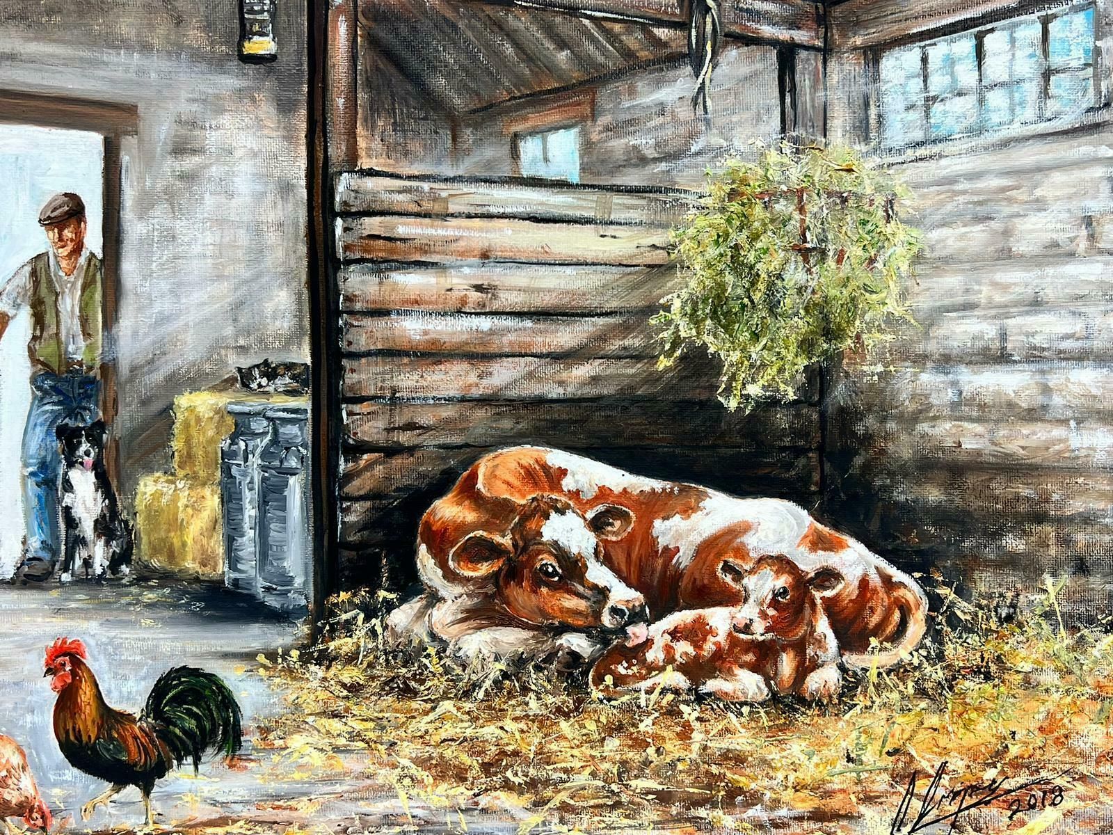 Colin Impeytraditional Rural English Signed Oil Cow With Baby Calf Chickens & Farmer & Dog photo 867.0