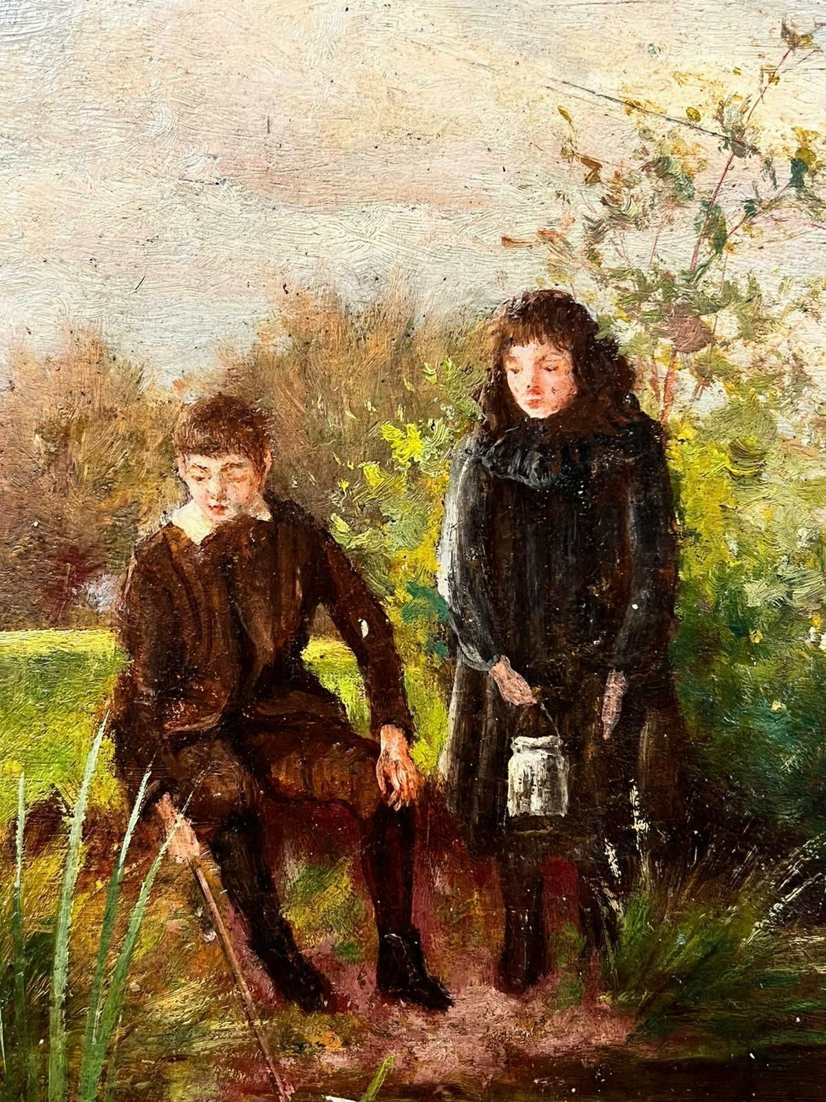 Antique English Antique Victorian English Oil Young Figures Down By The Stream photo for sale