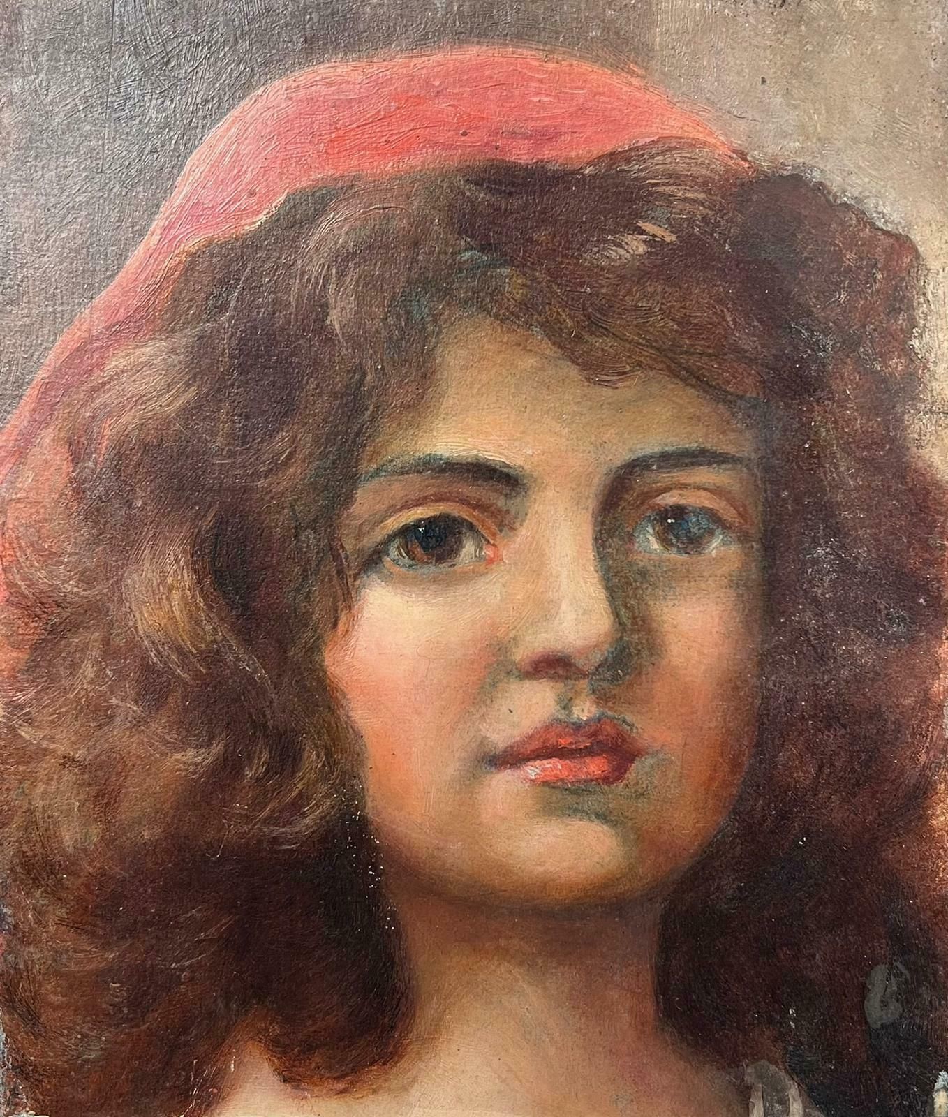 Antique English Antique Victorian English Oil Portrait Of A Girl With A Pink Head Scarf