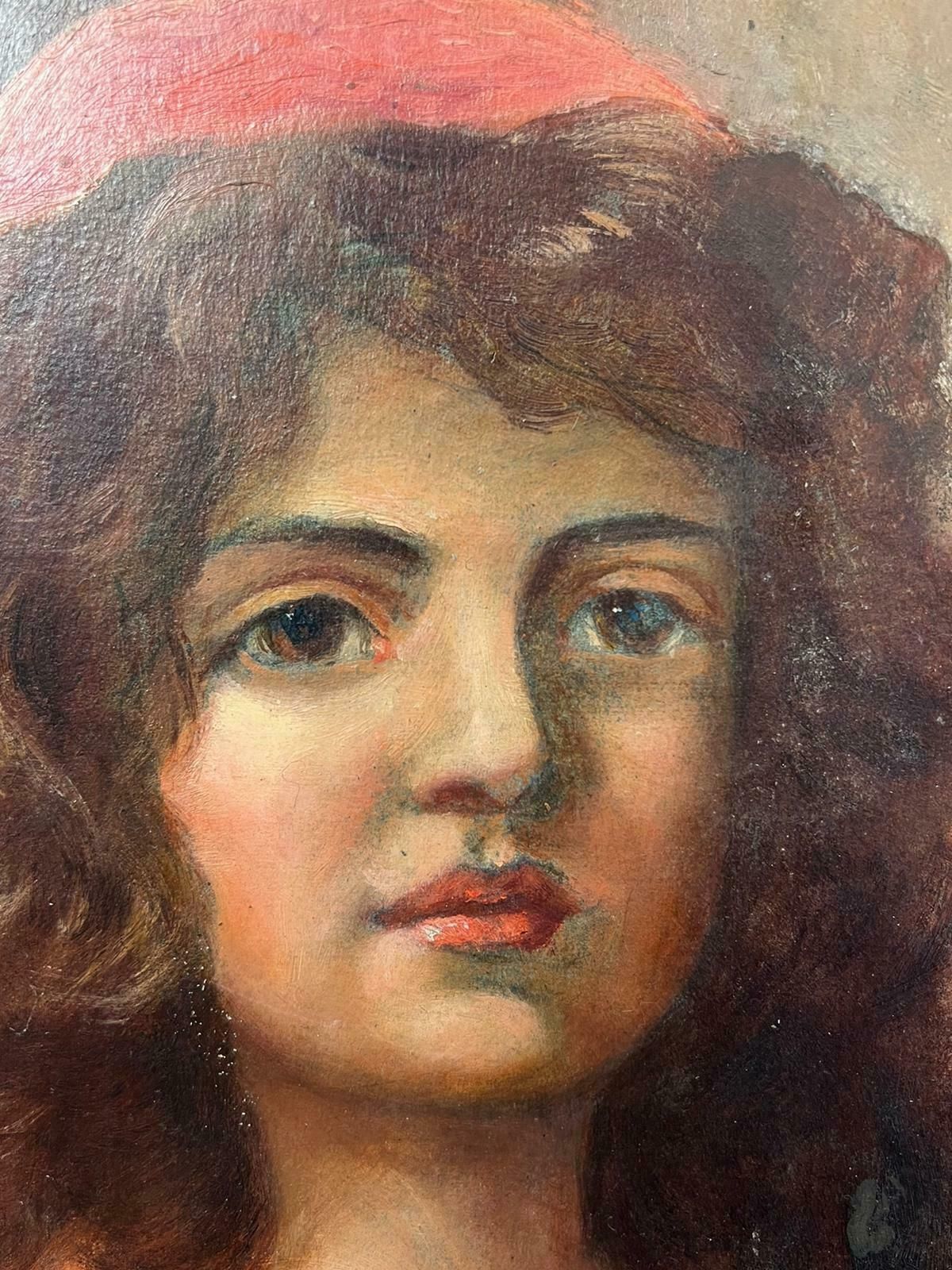 Antique English Antique Victorian English Oil Portrait Of A Girl With A Pink Head Scarf photo Art