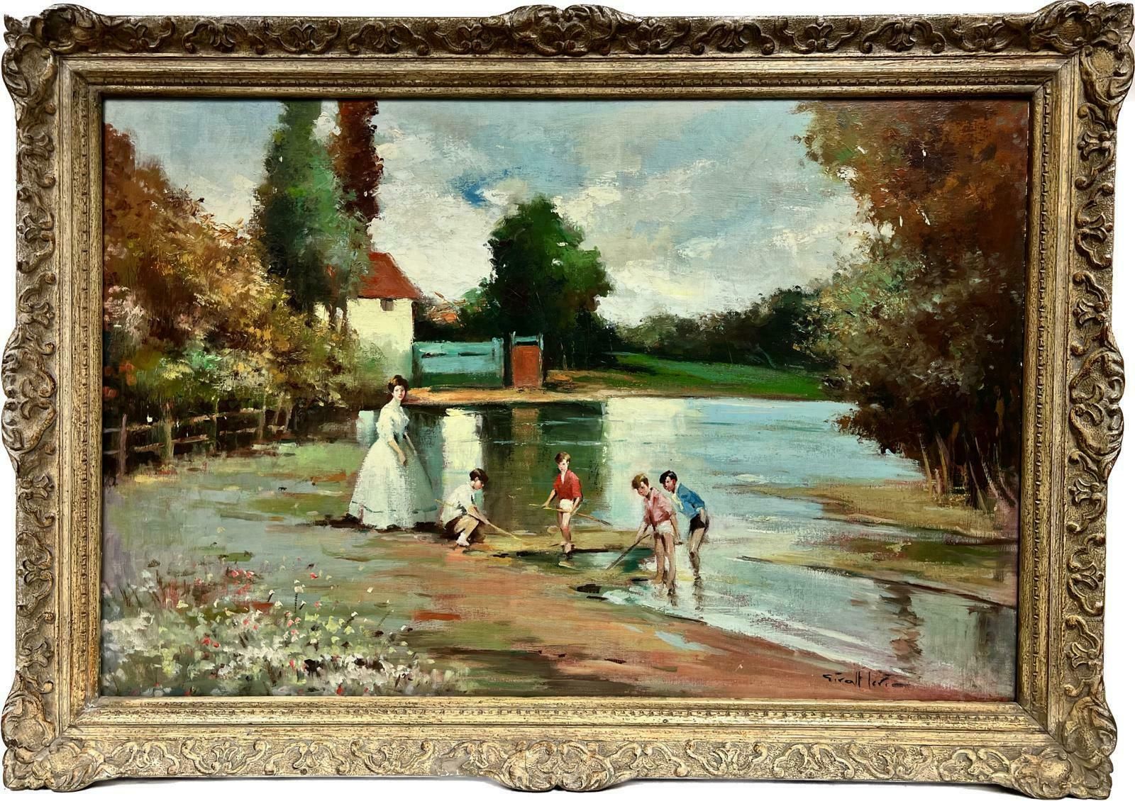 J. Giralt Lerinhuge Spanish Signed Oil Children & Mother Playing In River Summer Landscape