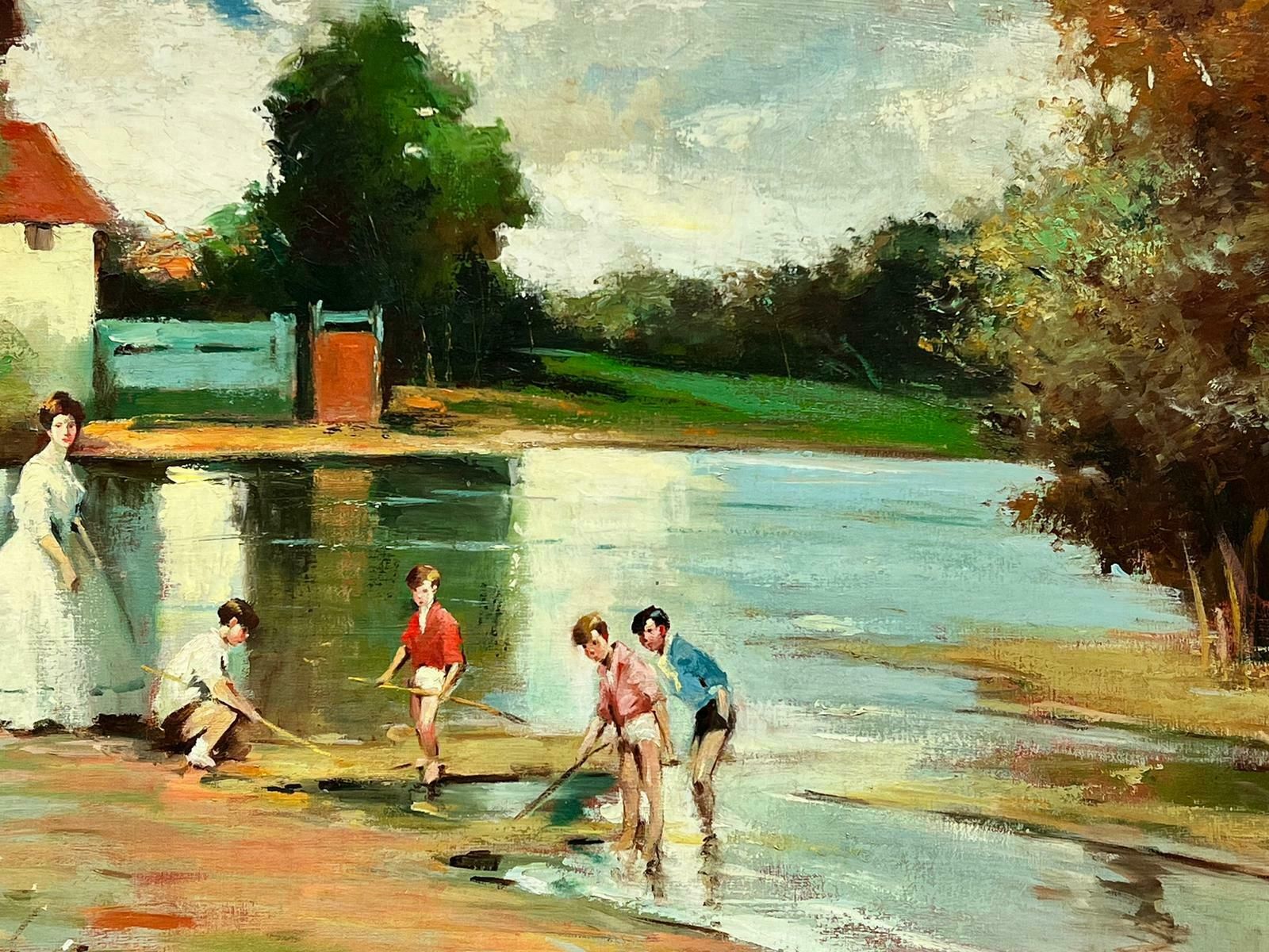 J. Giralt Lerinhuge Spanish Signed Oil Children & Mother Playing In River Summer Landscape photo for sale