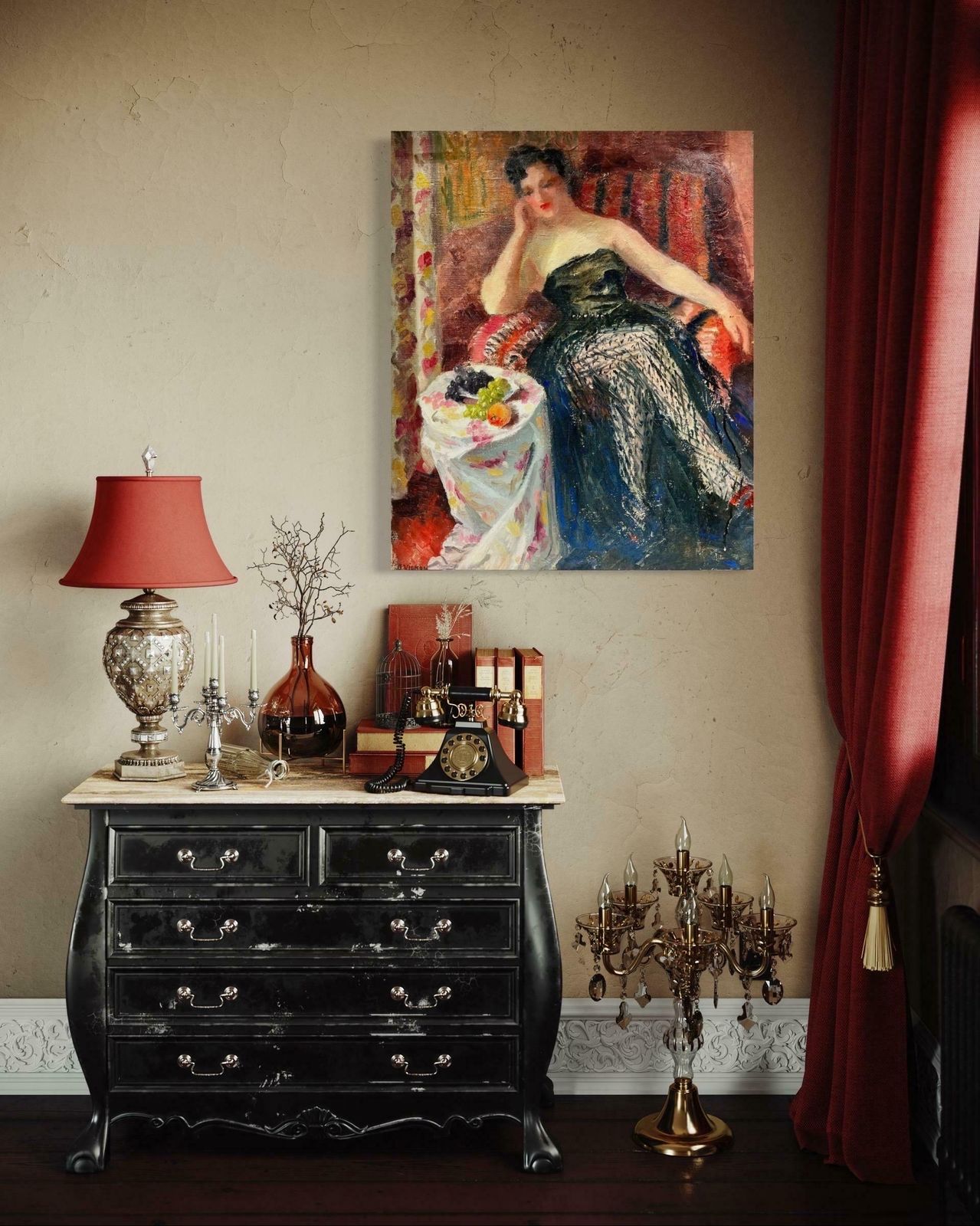 Josine Vignonelegant Lady In French Interior, 1960's French Post Impressionist Oil Painting1960's photo furniture