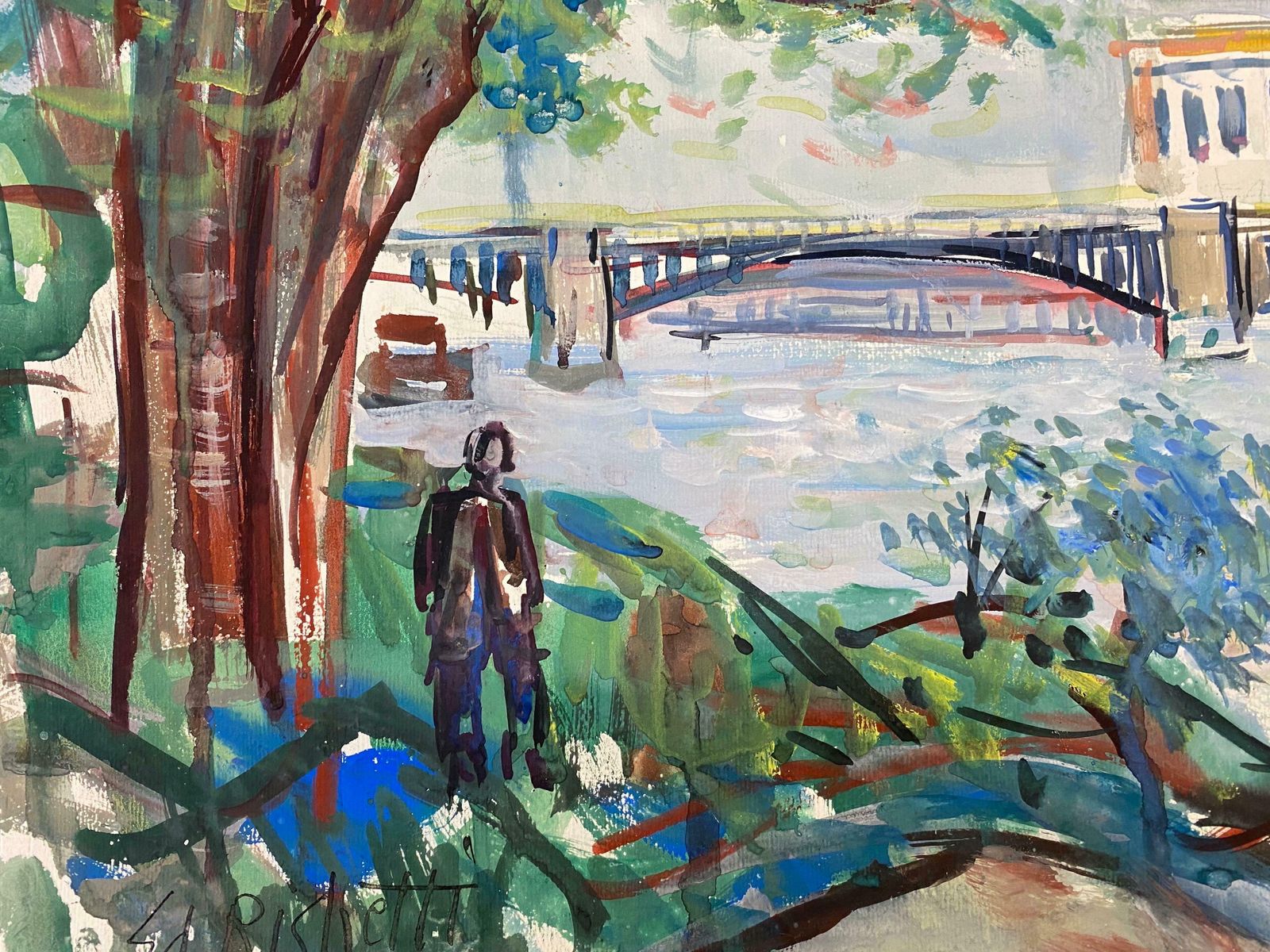 édouard Righetti (1924 2001)original French Mid Century Colourful Landscape, French Bridge1950's photo Art