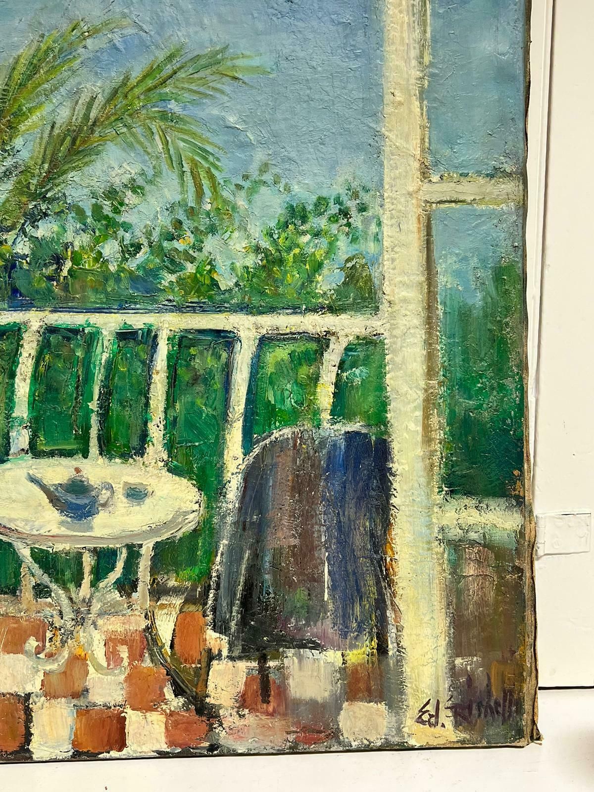 édouard Righetti (1924 2001)original French Mid Century Postimpressionist Oil Green Balcony Med Terrace View1950's photo for sale