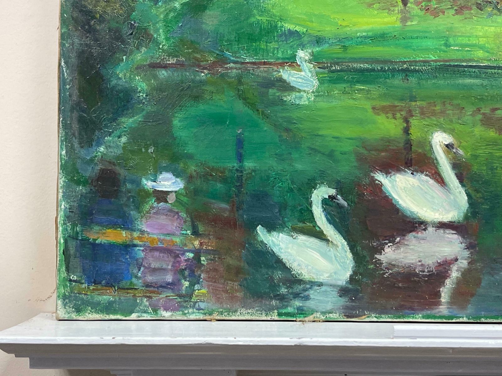 édouard Righetti (1924 2001)original French Mid Century Oil   Vibrant Green Lake With Elegant Swans1950's photo vintage