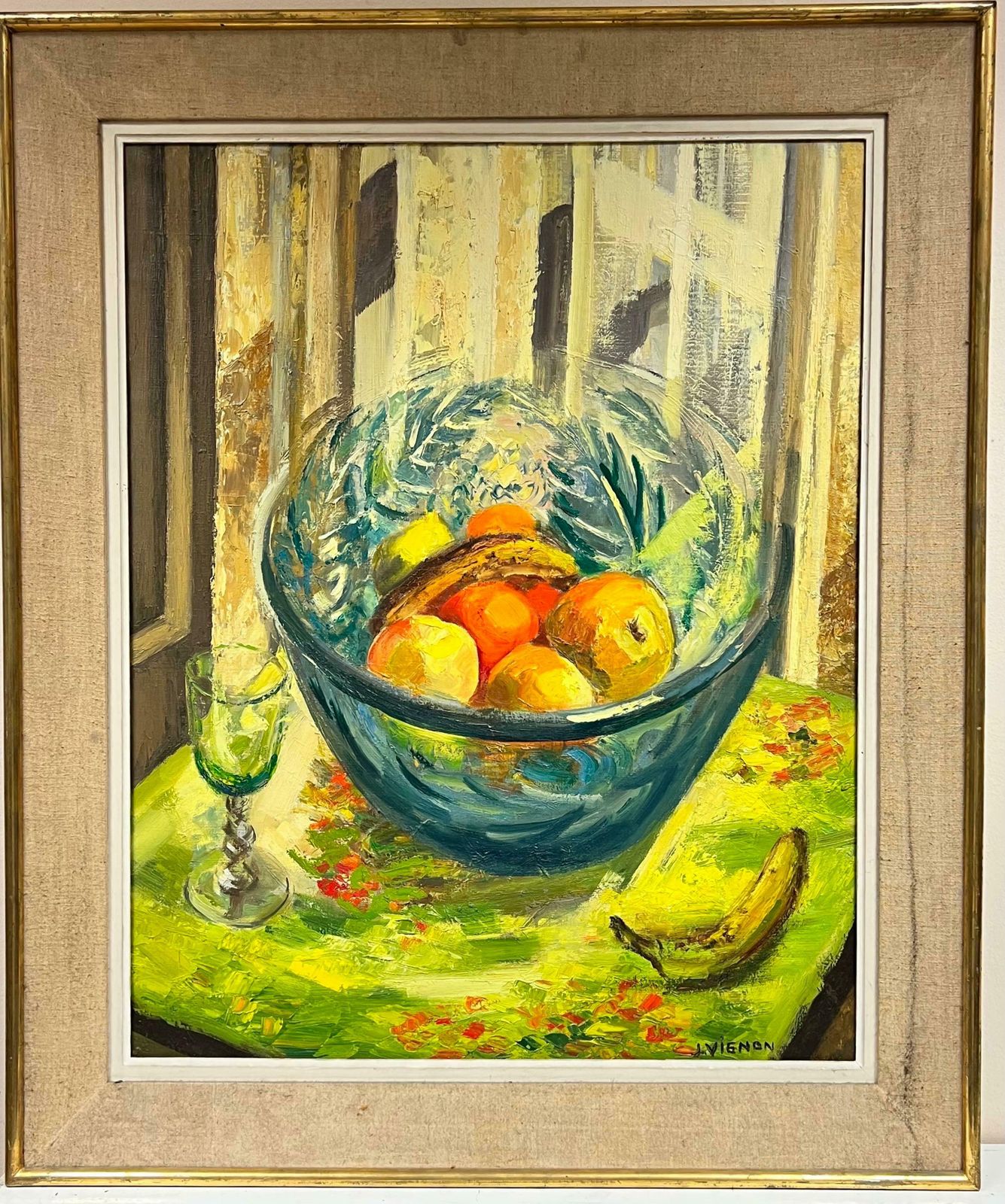Josine Vignonhuge 1960's French Post Impressionist Signed Oil Fruit Bowl Interior Room1960's
