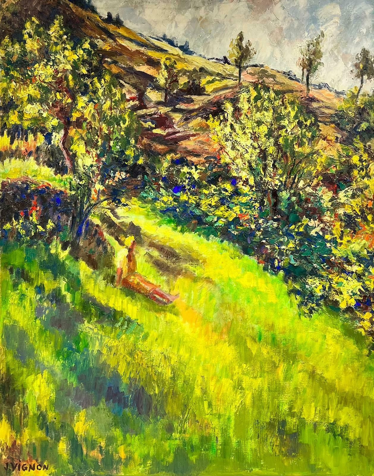 Josine Vignon20th Century French Post Impressionist Oil Lady In Sunlit Green Meadow Landscape1960's