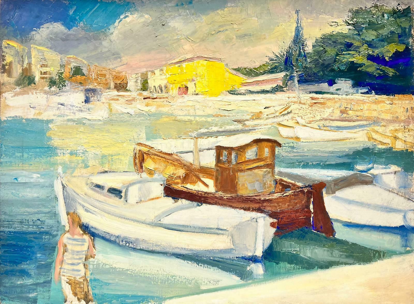 Josine Vignonsouth Of France Mediterranean Tranquil Harbour Boats & Figure 1950's French Oil1950's