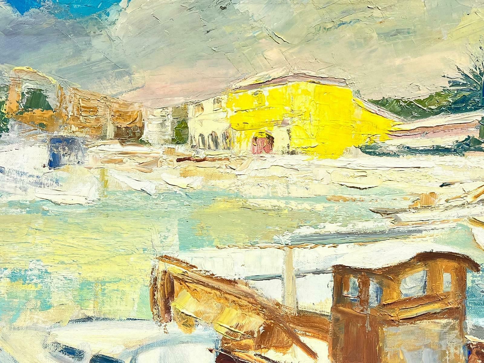 Josine Vignonsouth Of France Mediterranean Tranquil Harbour Boats & Figure 1950's French Oil1950's photo Art