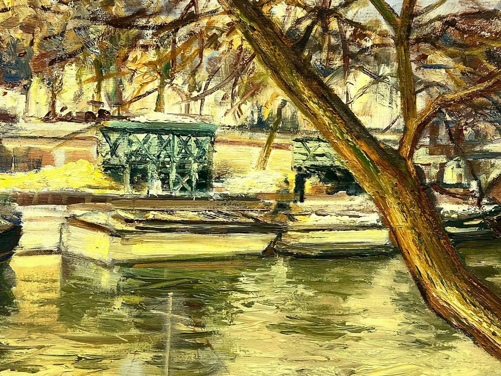 Josine Vignonautumn Light In Paris Beautiful Atmospheric River Seine Boats View, French Oil 1960's photo for sale
