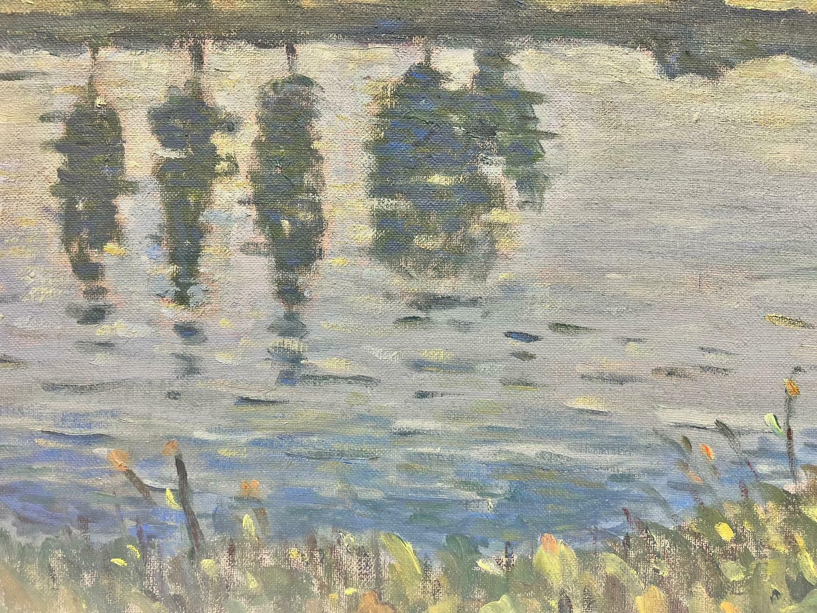 Guy Pichonfrench Impressionist Signed Oil Angler Fishing Riverbank Poplar Trees20th Century photo furniture