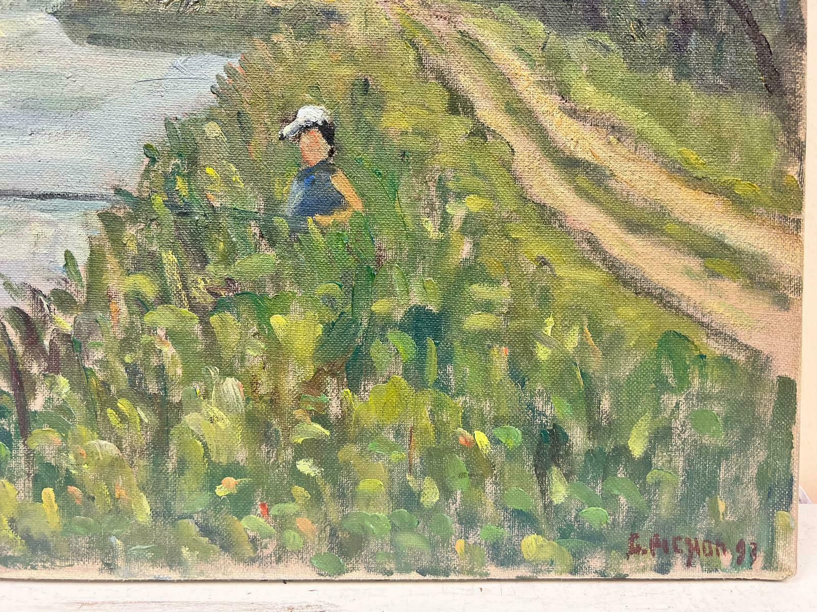 Guy Pichonfrench Impressionist Signed Oil Angler Fishing Riverbank Poplar Trees20th Century photo for sale