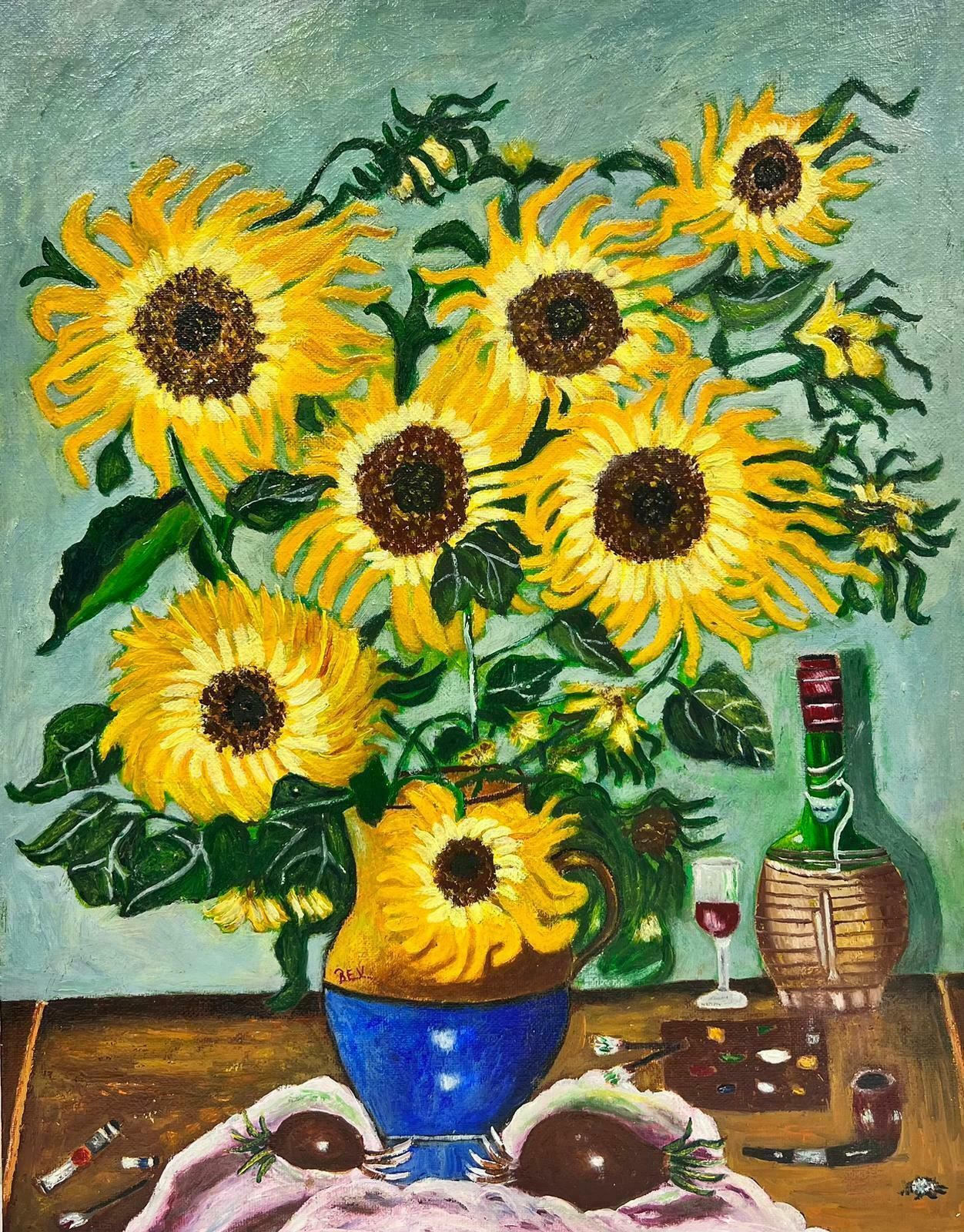 Ben Powellcontemporary British Acrylic Painting Sunflowers In Vase