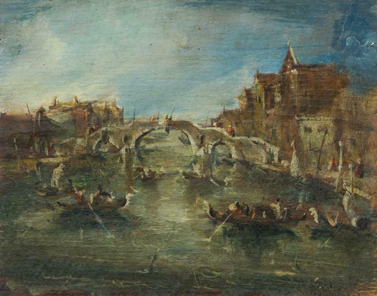 Antique Italian Schoolfine Antique Italian Oil Cannaregio Canal Venice Busy Figurative Scene1800's