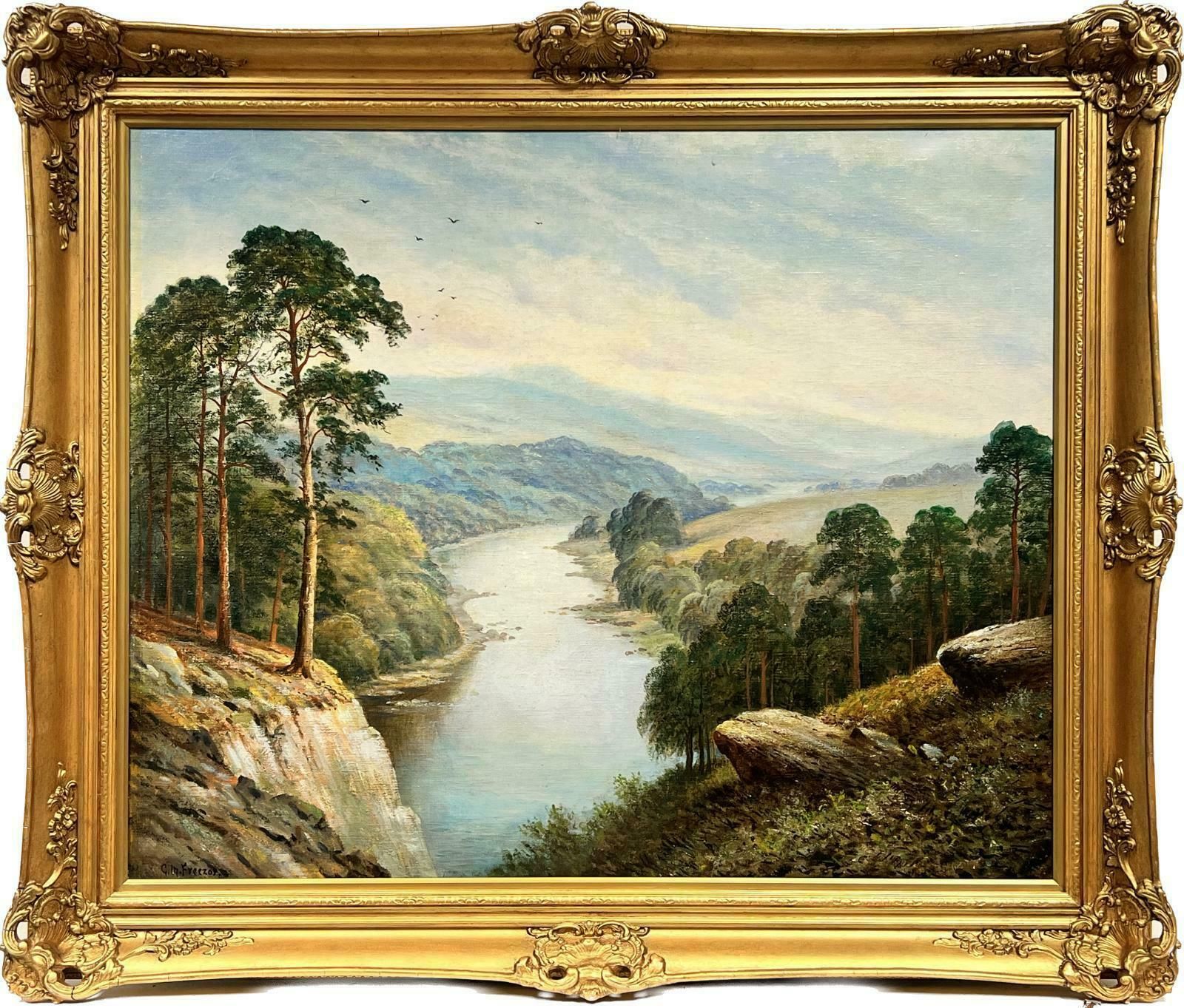 George Mulready Freezorhuge Antique British Signed Oil Extensive River Landscape Hilly Views, Framed19th Century
