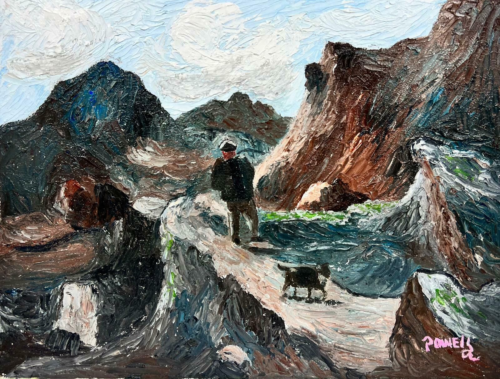 Ben Powellcontemporary British Oil Painting Man And His Dog Walking On The Rocks, Signed