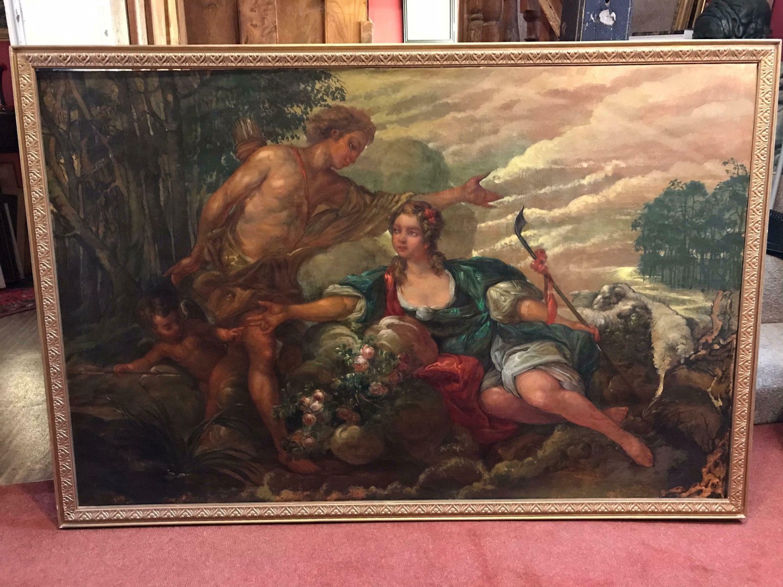 French Rococohuge Antique French Rococo Oil Painting Mythological Lovers In Landscapec.1890 photo for sale