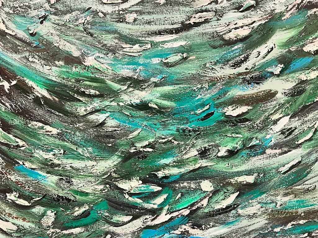 Contemporary British Large Modern British Abstract Painting   Thick Green And White On Black