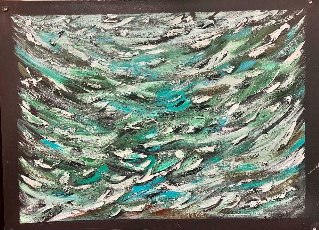 Contemporary British Large Modern British Abstract Painting   Thick Green And White On Black photo furniture
