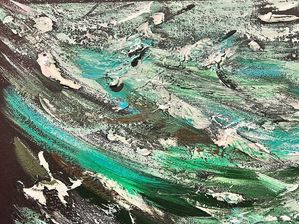 Contemporary British Large Modern British Abstract Painting   Thick Green And White On Black photo 1530.0