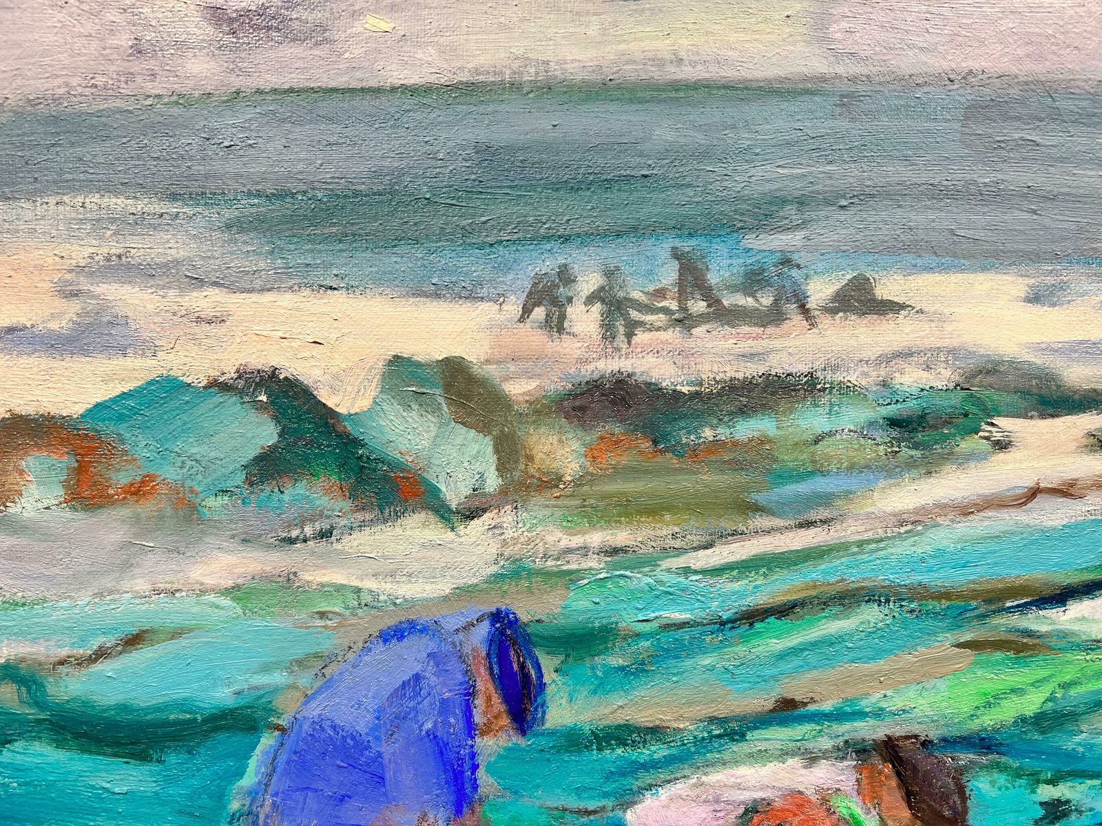 French Schoolfrench Modernist Contemporary Oil Painting Fishermen Tending Nets On Beachc. 2000's photo Art