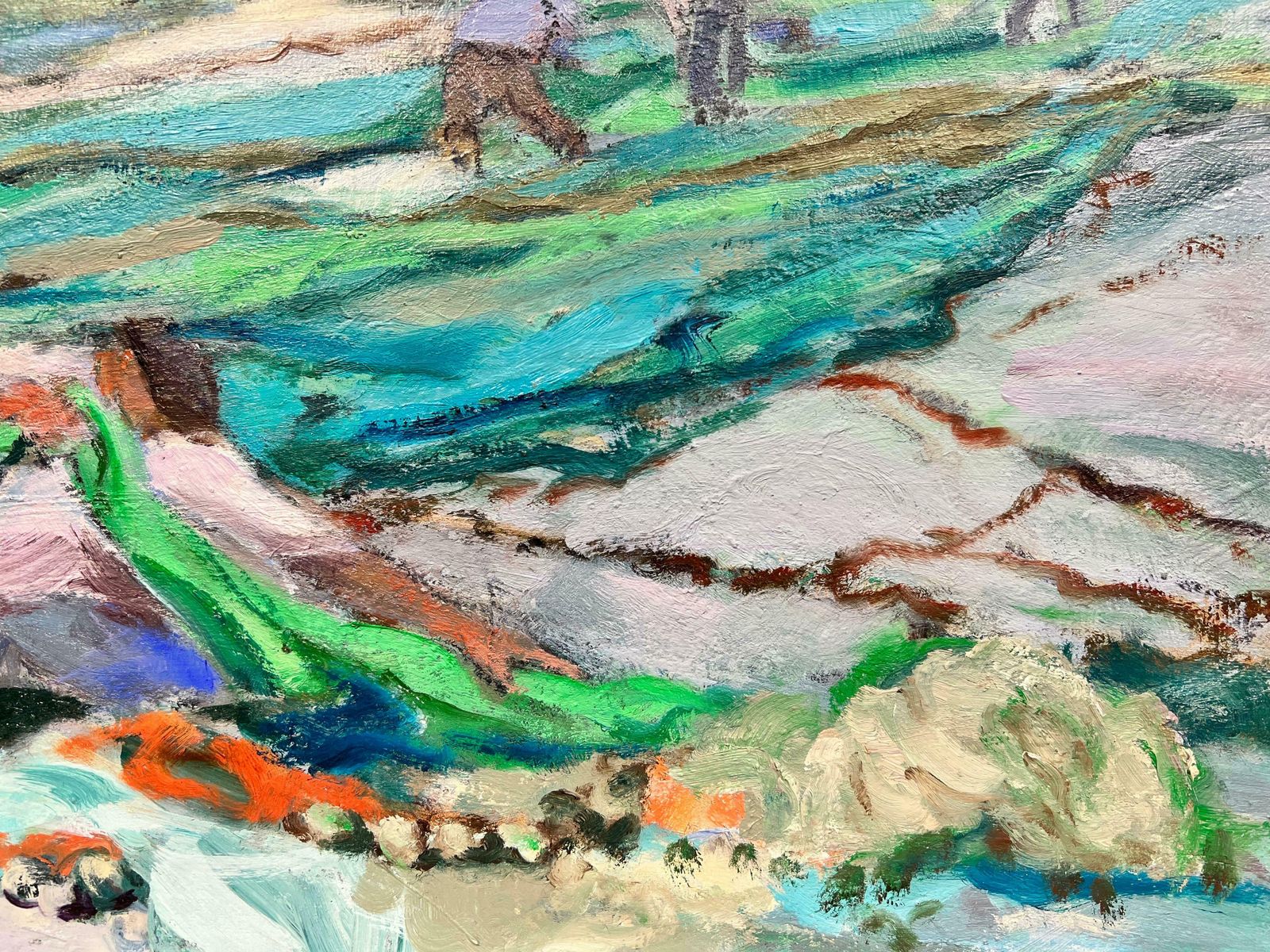 French Schoolfrench Modernist Contemporary Oil Painting Fishermen Tending Nets On Beachc. 2000's photo vinterior