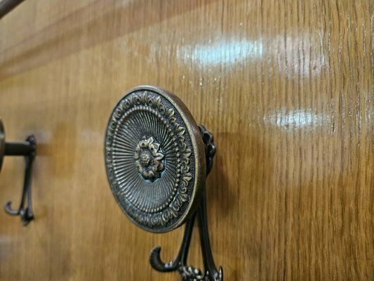 photo vintage Wooden Wall Coat Hanger With Brass Hangers, 1950