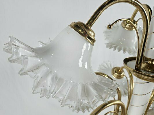 Large Ceramic Chandelier In Brass And Murano Glass, Italy, 1970s photo Lighting