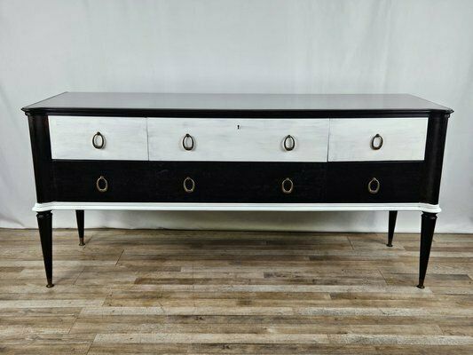 Black White Lacquered Chest With Glass Top And Brass Handles, 1960
