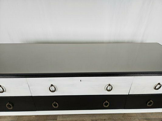 Black White Lacquered Chest With Glass Top And Brass Handles, 1960 photo for sale