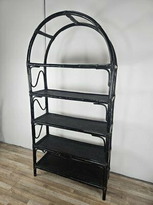 Large Mid Century Black Wicker Bookcase With Shelves, 1970s photo furniture