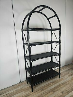 Large Mid Century Black Wicker Bookcase With Shelves, 1970s photo for sale