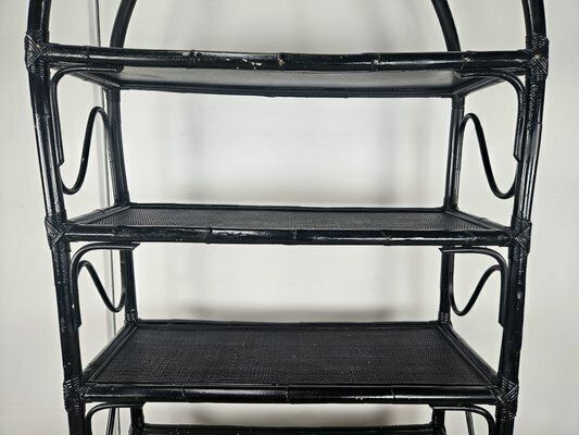 photo for sale Large Mid Century Black Wicker Bookcase With Shelves, 1970s