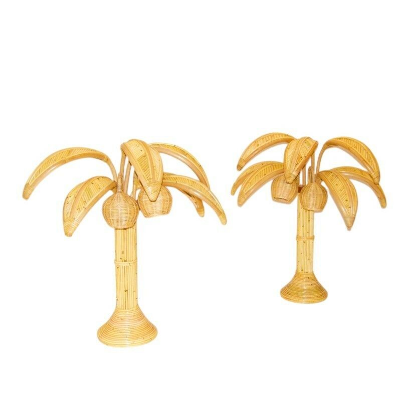 Rattan Palm Table Lamps, Set Of 2