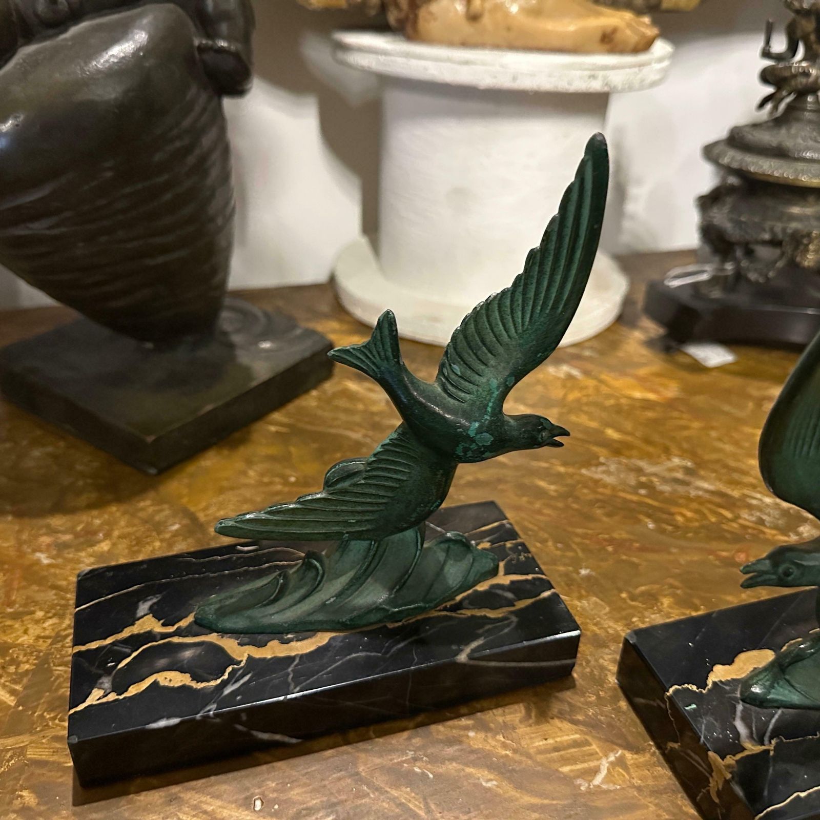 1930s Art Deco Marble And Green Metal French Birds Bookends photo furniture