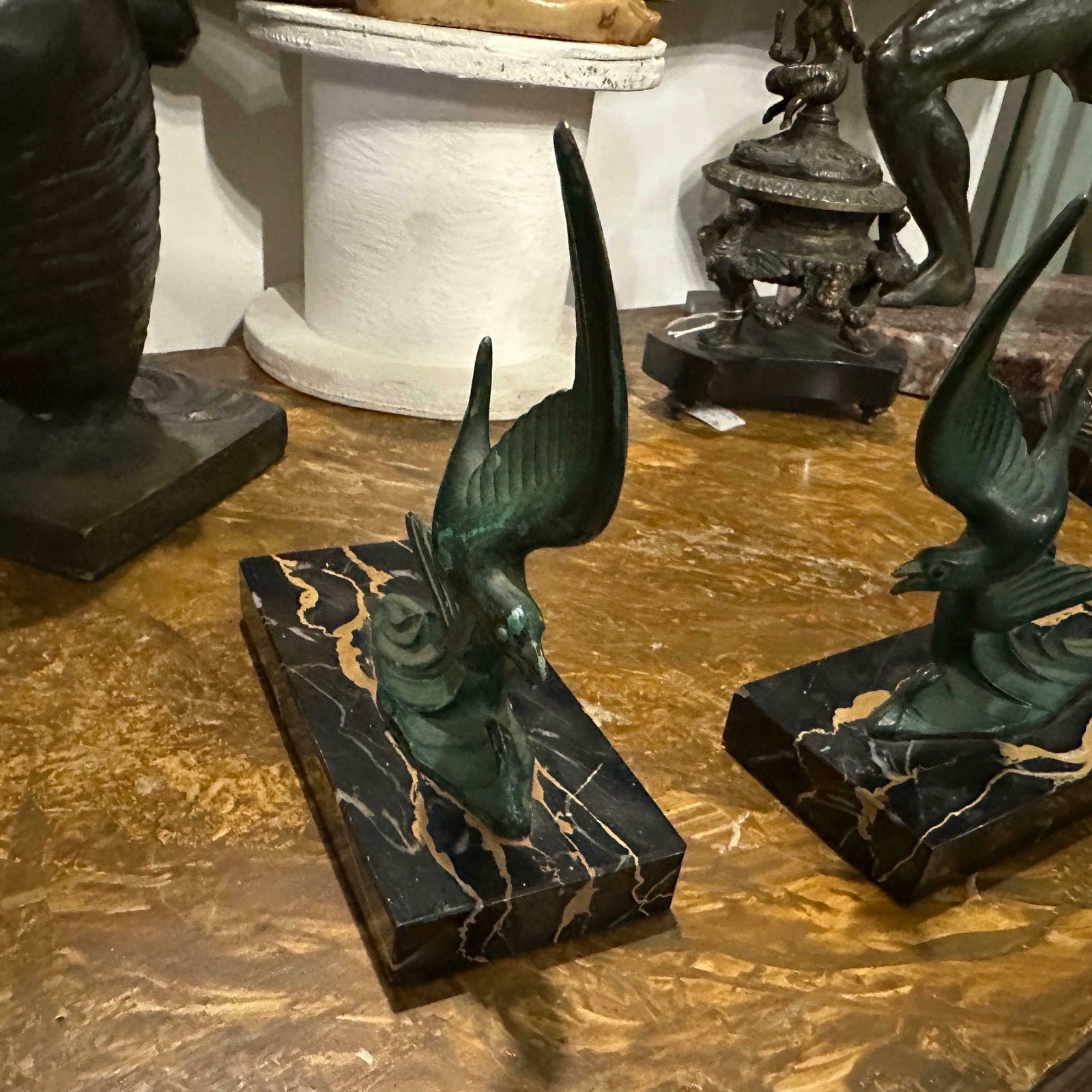1930s Art Deco Marble And Green Metal French Birds Bookends photo vintage