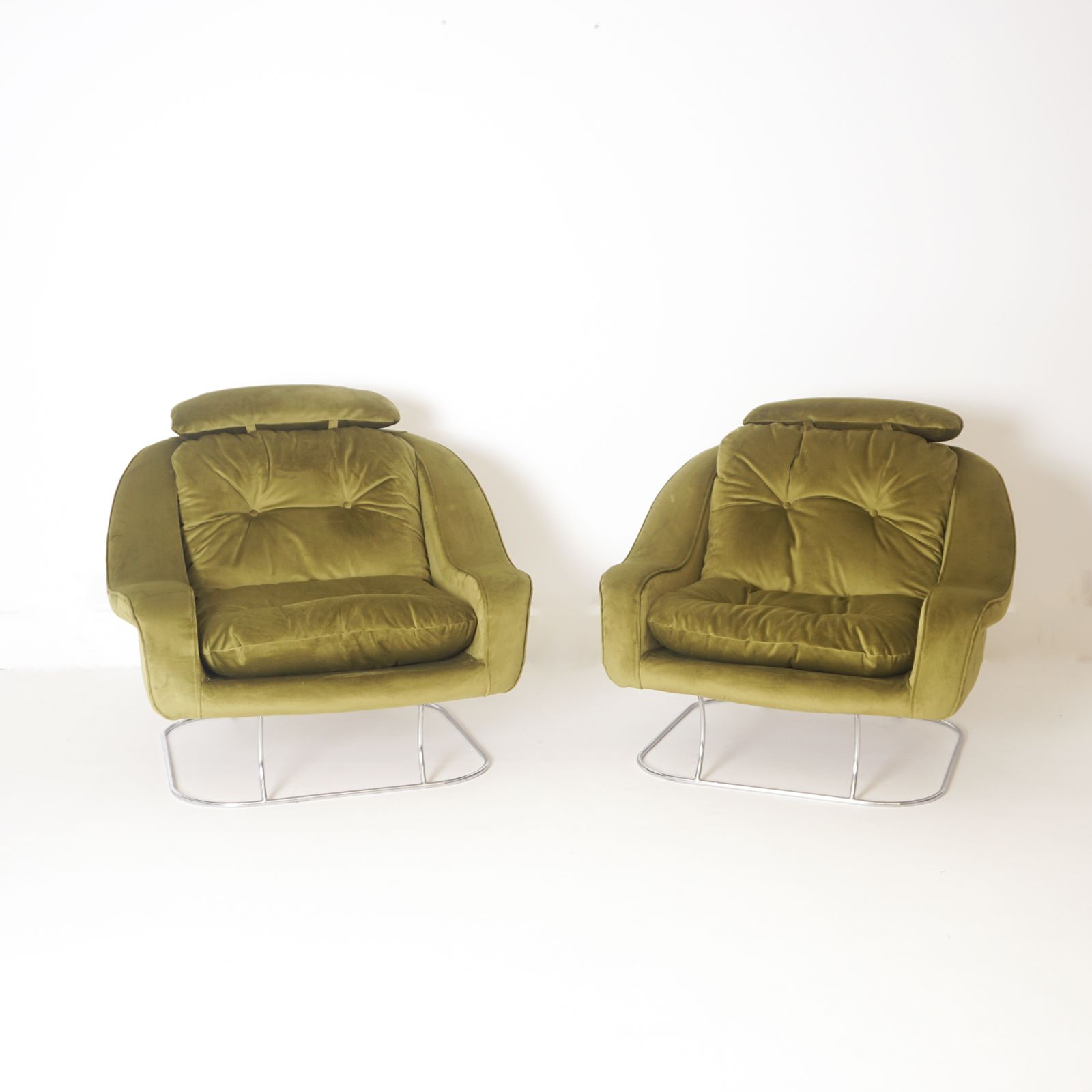 Pair Of Green Velvet Armchairs, 1970
